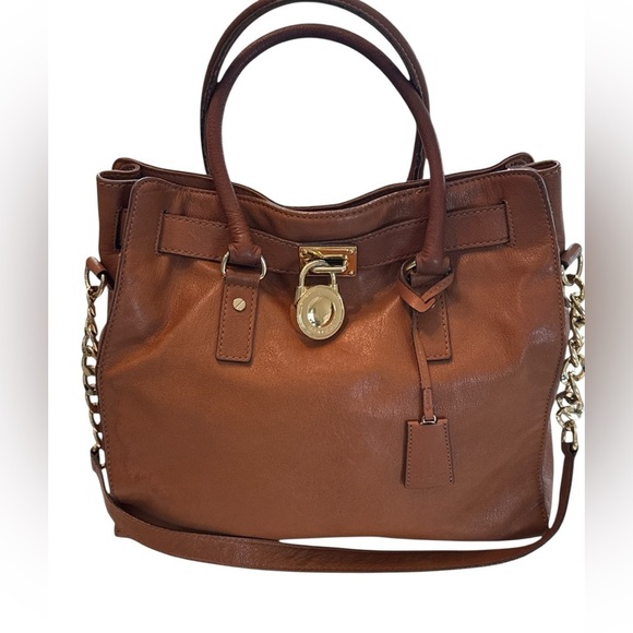 Michael MICHAEL East West Brown Leather With Gold Lock Shoulder Bag Satchel Tote - Picture 11 of 11